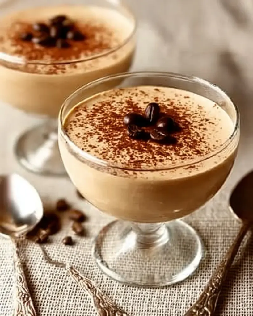 Kaffee-Amaretto-Creme in einem eleganten Dessertglas serviert.