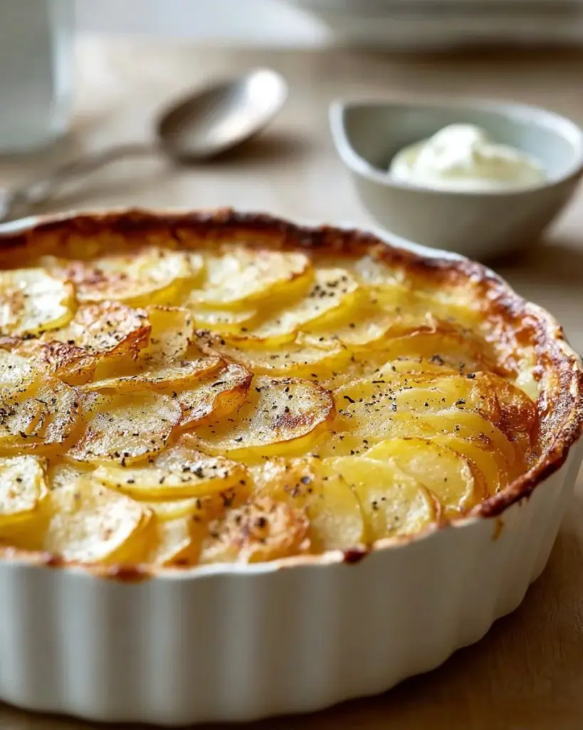 Leckeres Kartoffelgratin frisch aus dem Ofen, serviert in einer Auflaufform