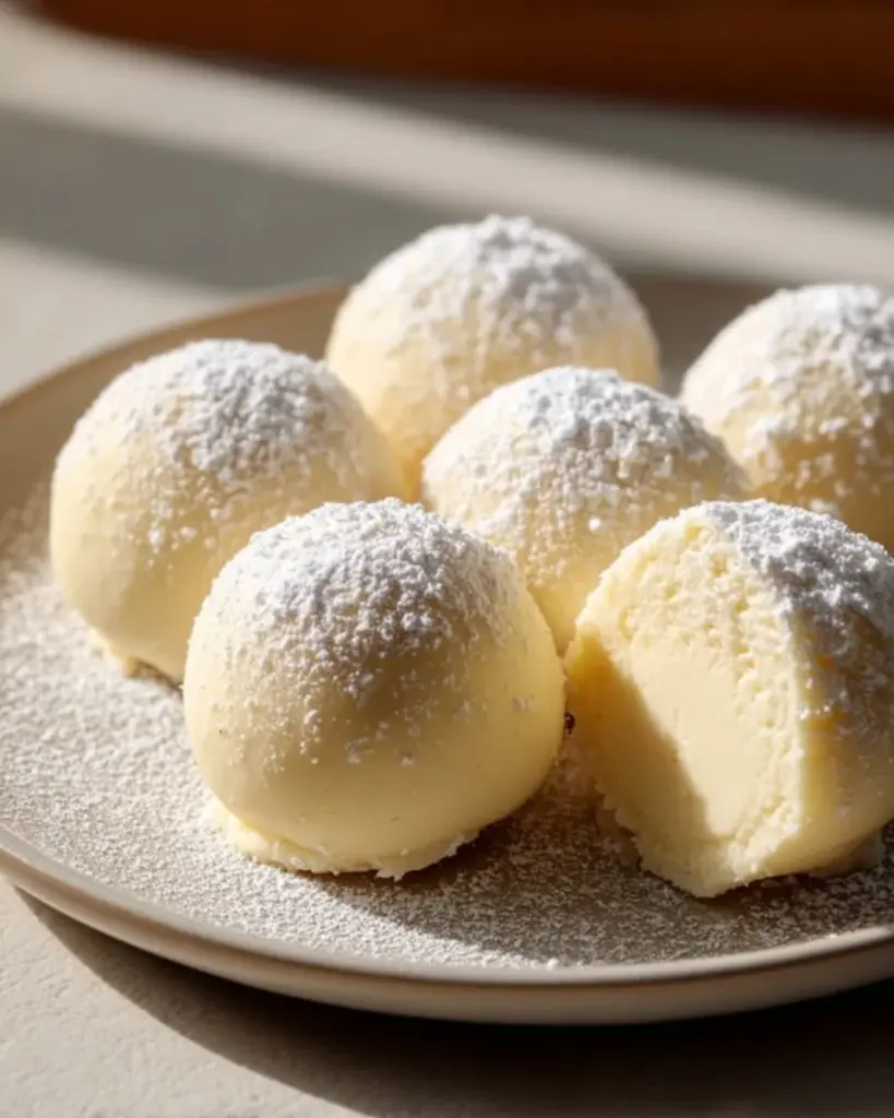 Leckere Käsekuchen-Kugeln auf einem Teller serviert