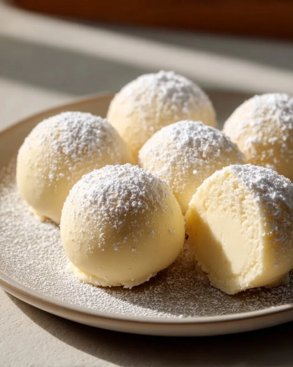 Leckere Käsekuchen-Kugeln auf einem Teller serviert
