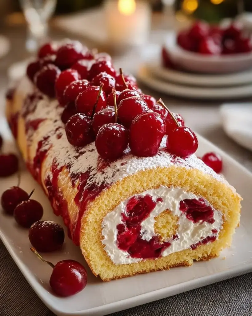 Käsekuchenrolle mit Kirschen auf einem weißen Teller