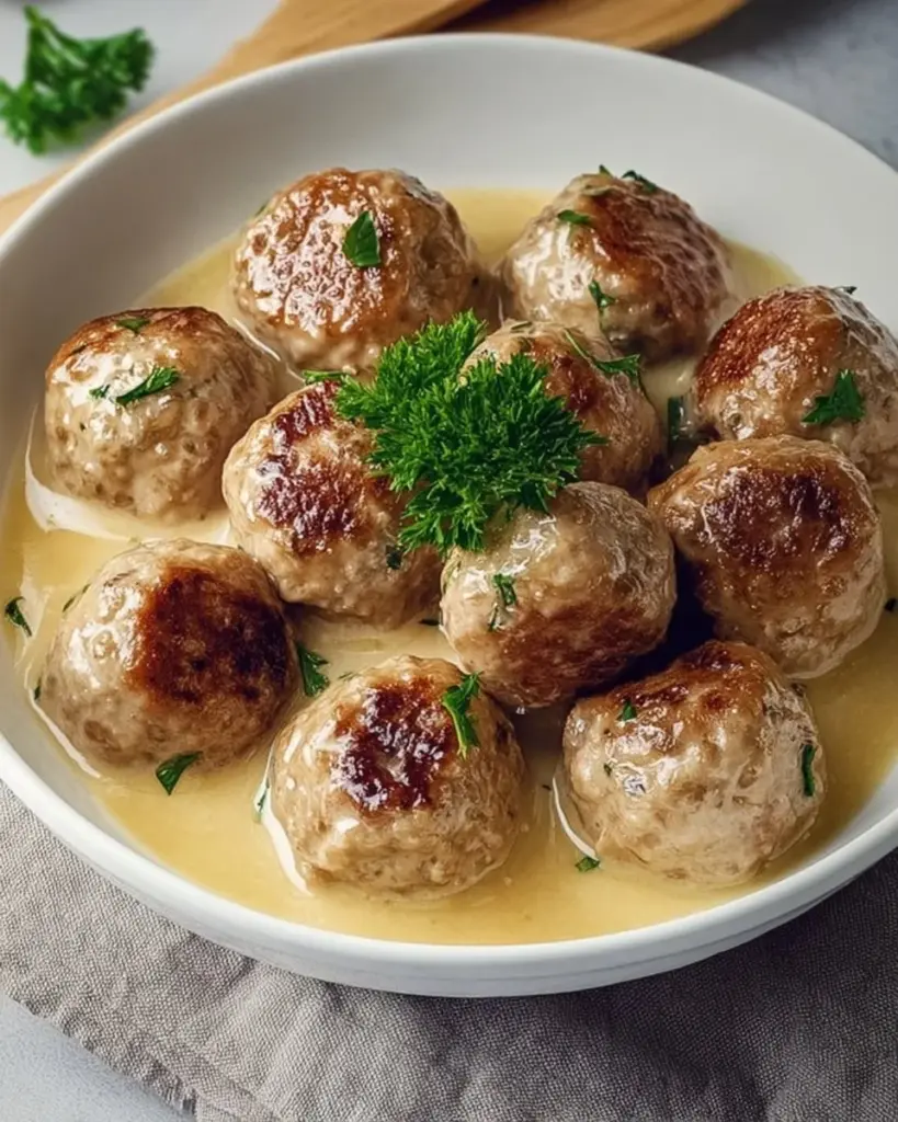 Plate of delicious King's Court Meatballs garnished with herbs and sauce.