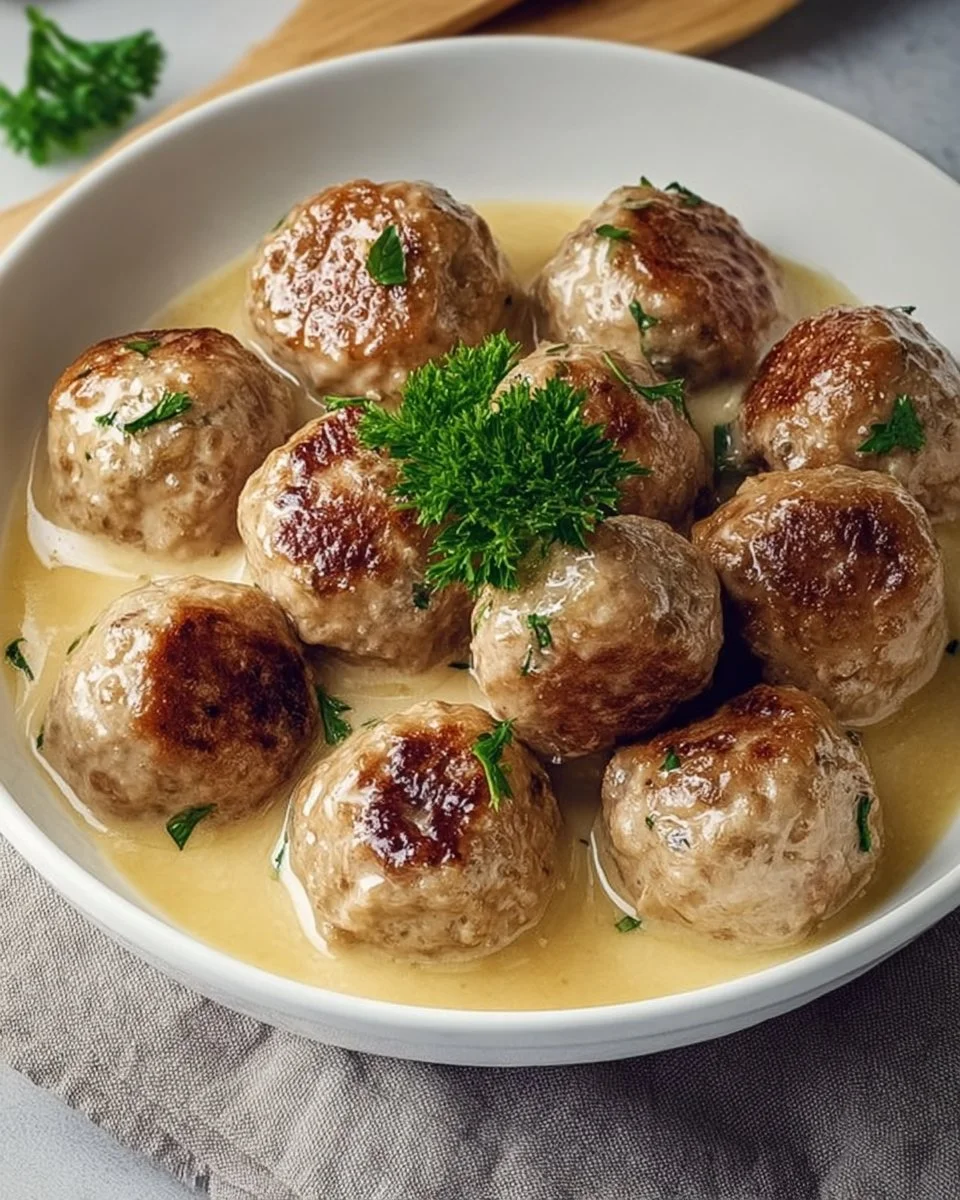 Plate of delicious King's Court Meatballs garnished with herbs and sauce.