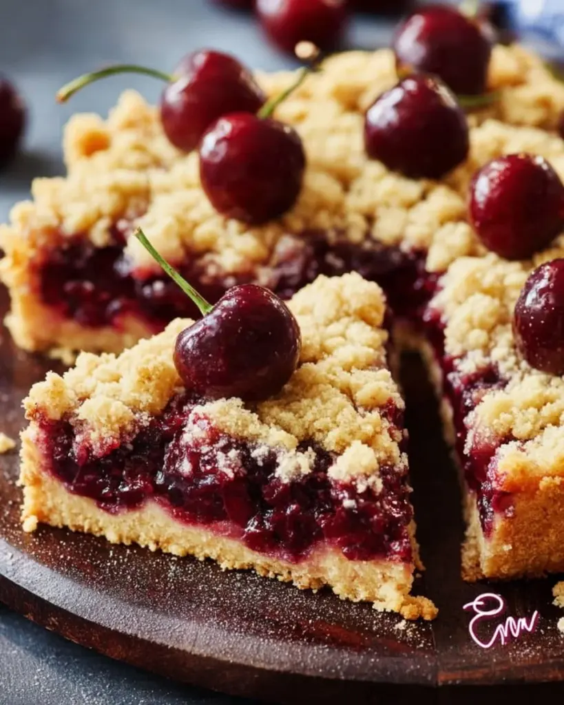 Saftiger Kirschkuchen mit Streusel auf einem Teller serviert