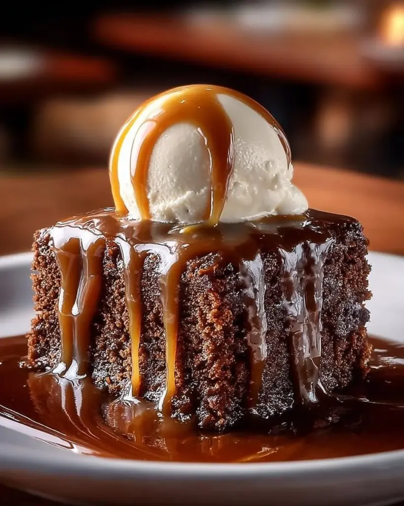 Klassisches Sticky Toffee Pudding auf einem weißen Teller mit Sahne