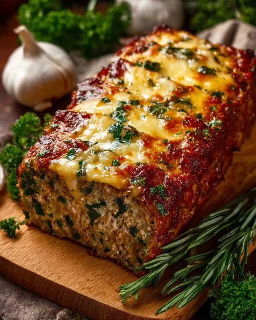 Knoblauch Parmesan Hähnchen Hackbraten auf einem Teller angerichtet