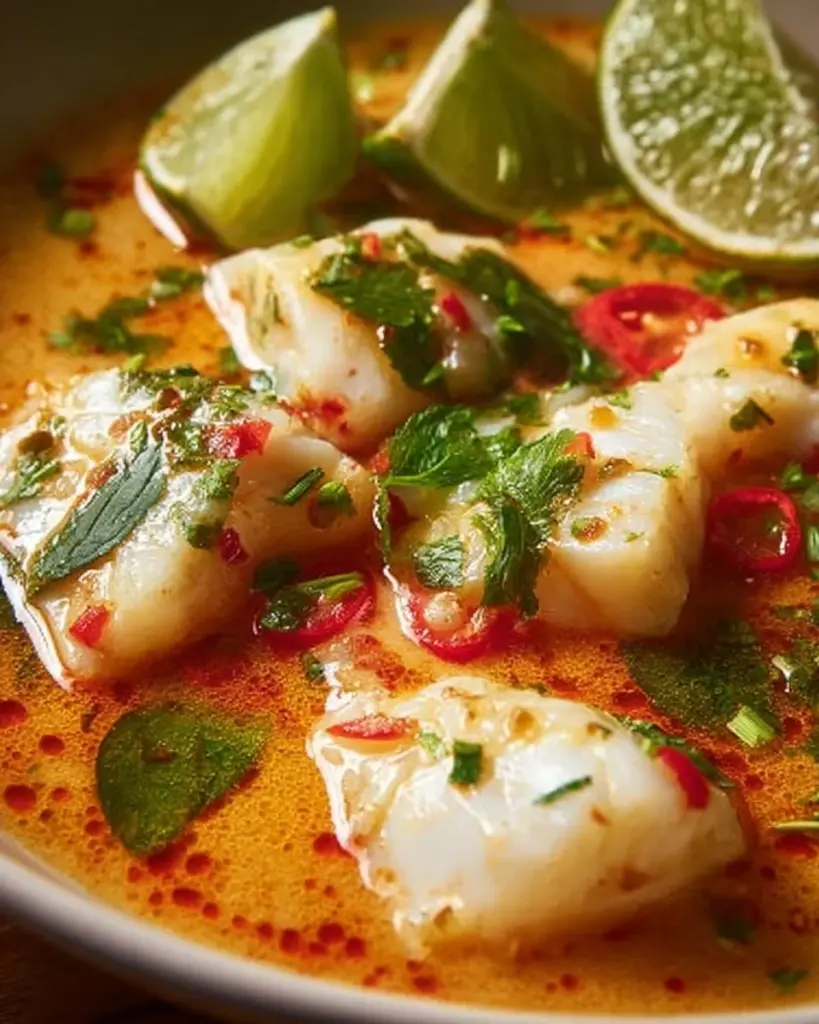Köstliche Kokos-Limetten-Fischsuppe in einer Schale
