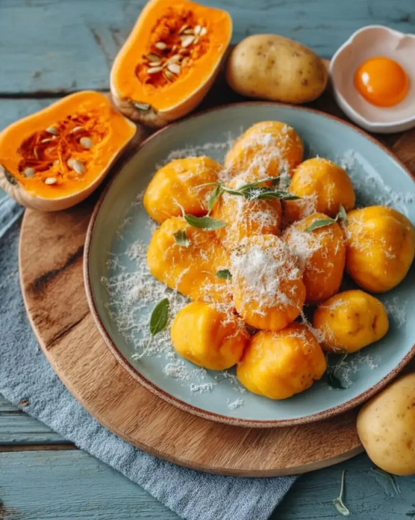 Kürbis-Gnocchi mit Salbeibutter auf einem Teller serviert