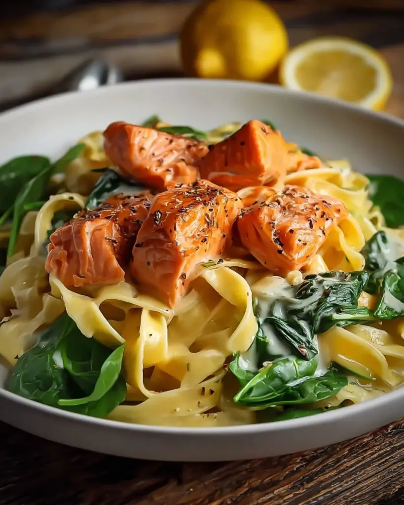 Lachs-Cremesauce mit frischem Spinat auf einem Teller serviert