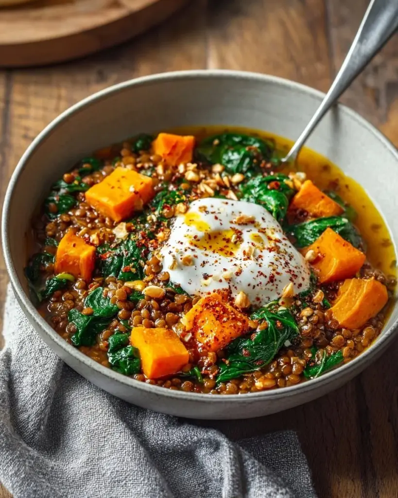 Lentil stew with sweet potatoes and spinach in a bowl