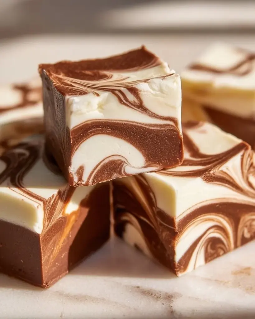 Leckeres Marshmallow-Fudge mit zartem Fudge und fluffigem Wirbel