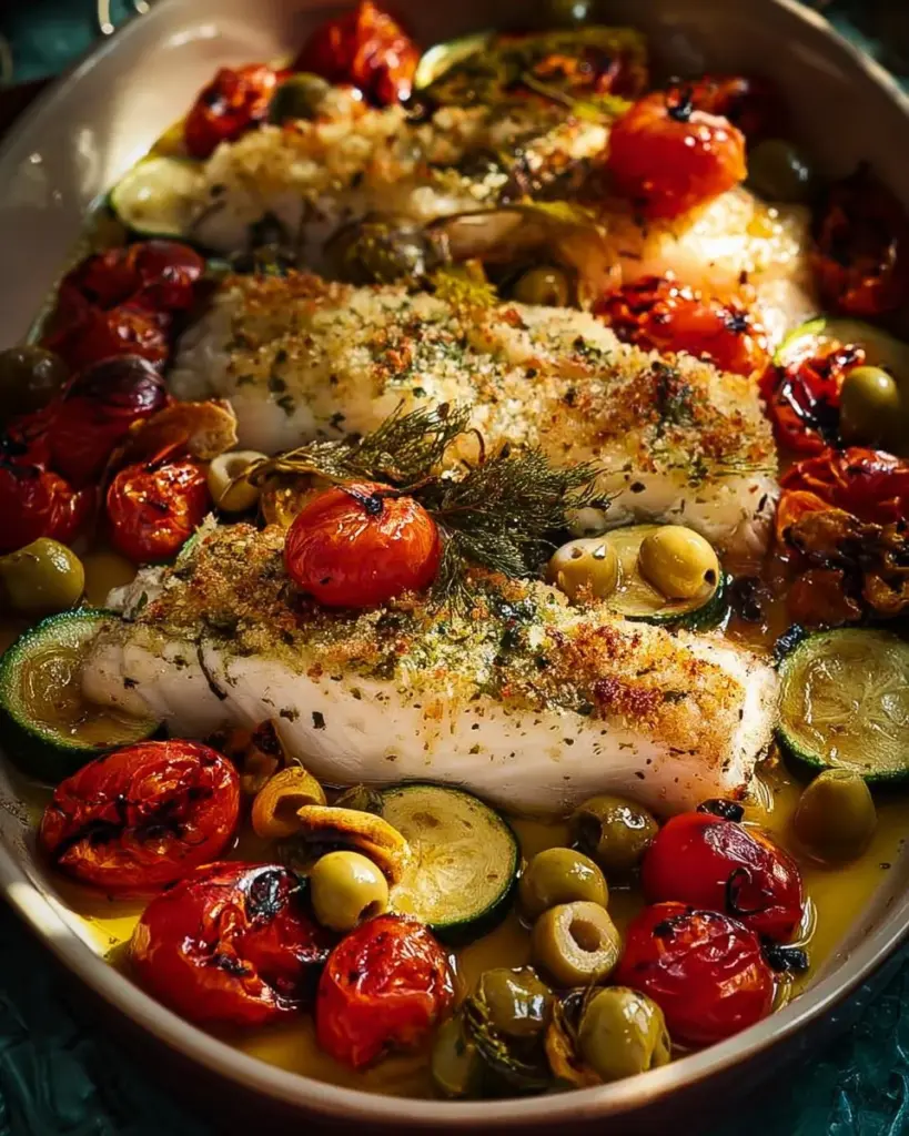 Mediterraner Fisch mit buntem Gemüse auf einem Teller angerichtet