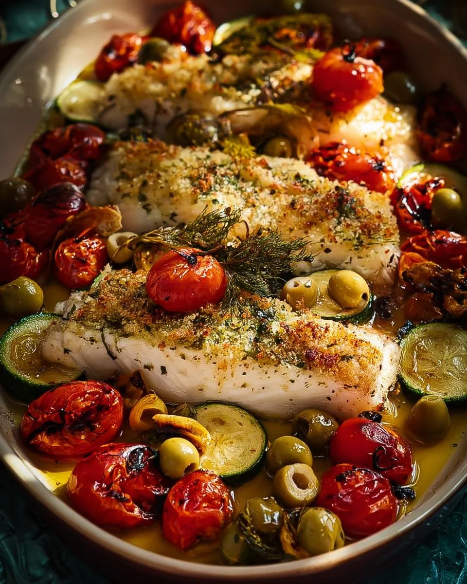 Mediterraner Fisch mit buntem Gemüse auf einem Teller angerichtet