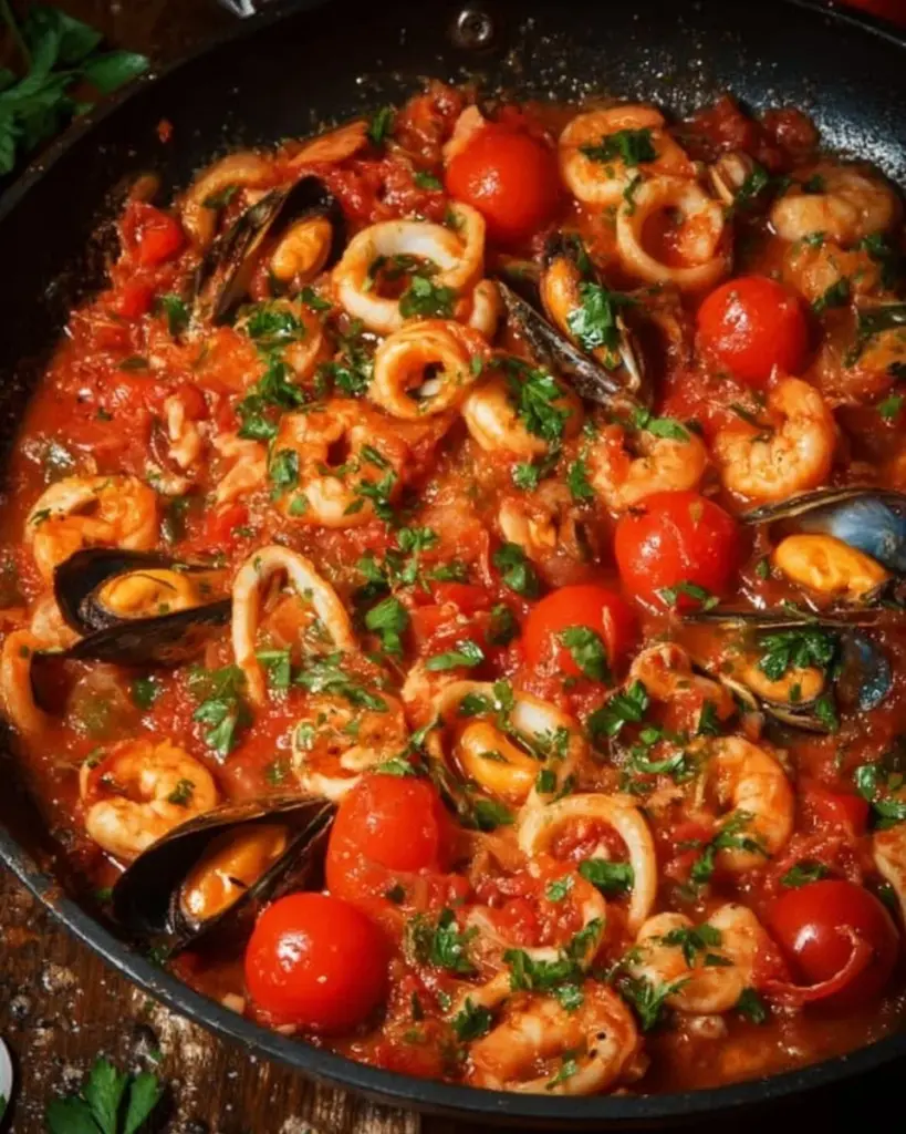 Leckere Meeresfrüchte-Tomaten Pfanne mit frischen Zutaten auf einem Teller.