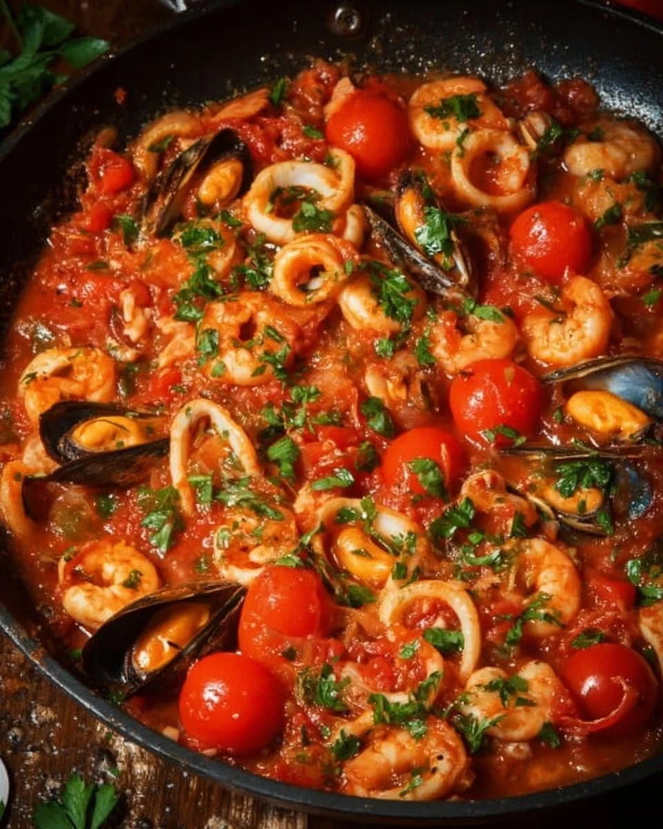 Leckere Meeresfrüchte-Tomaten Pfanne mit frischen Zutaten auf einem Teller.
