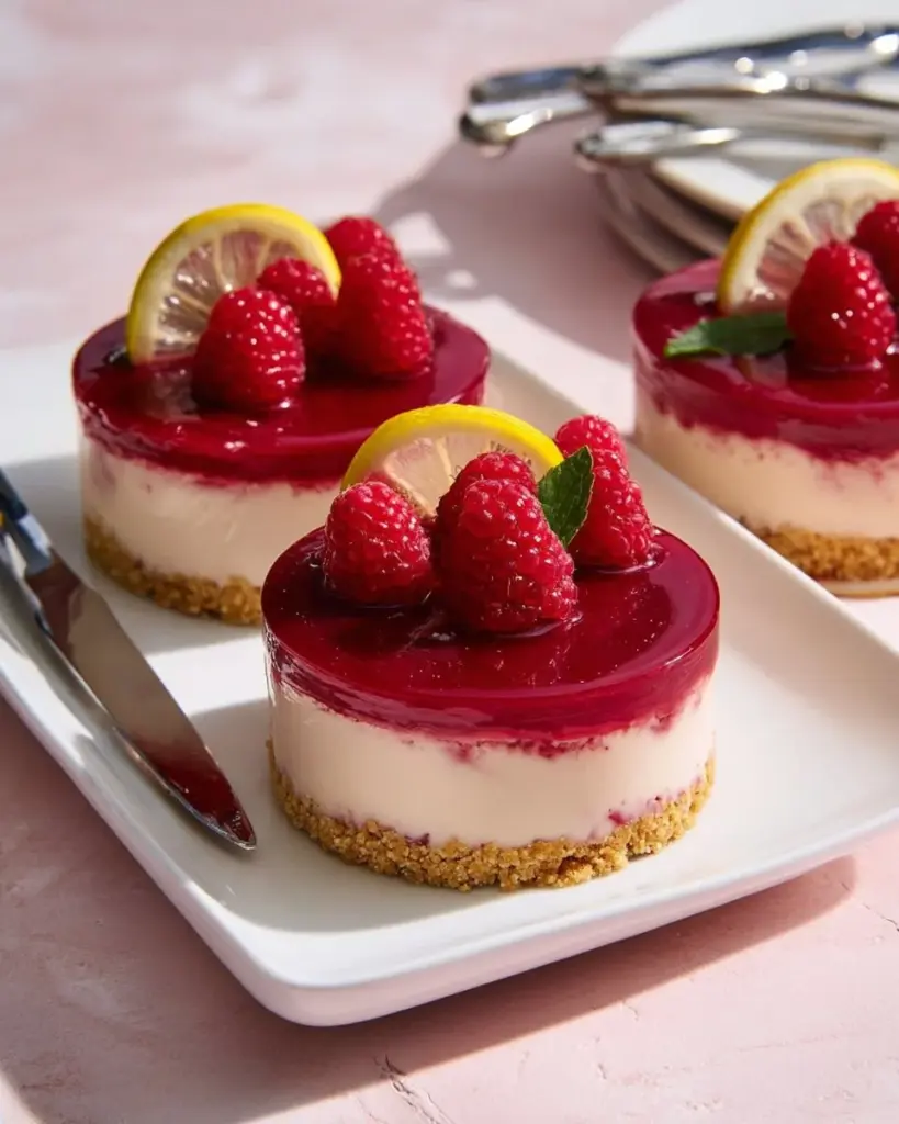 Mini-Törtchen mit Himbeerspiegel auf einem eleganten Dessertteller
