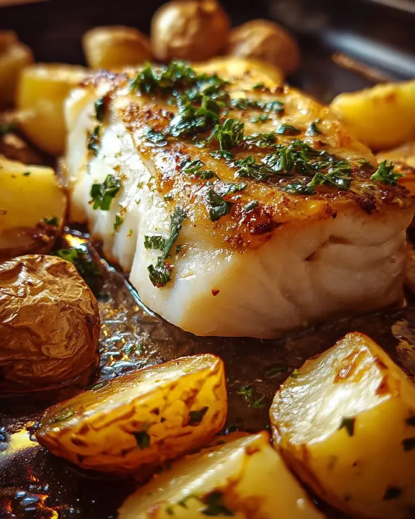 Ofenfisch mit Kartoffeln auf einem Teller