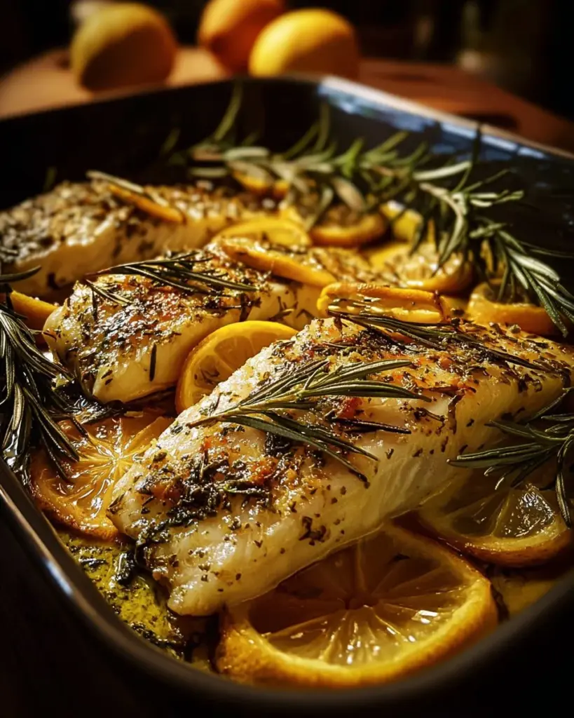 Ofenfisch gebacken mit Kräutern und Zitrone auf einem Teller serviert