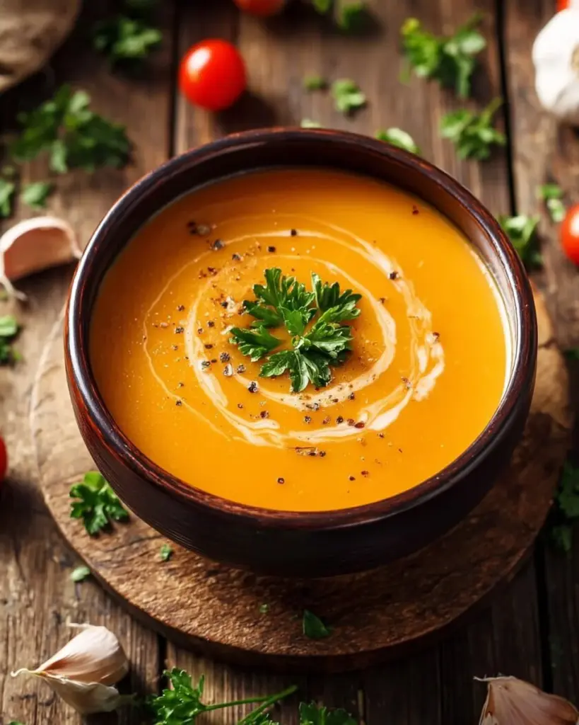 Schüssel mit Omas cremiger Kürbissuppe, dekoriert mit Kürbiskernen
