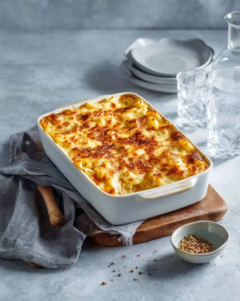 Oven-baked cheese spätzle topped with melted cheese and herbs