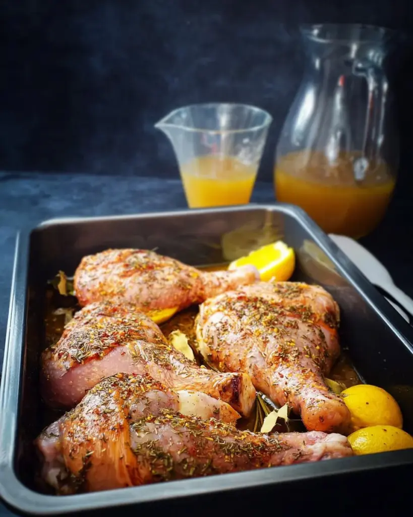 Delicious oven-baked goose legs served on a plate with herbs.