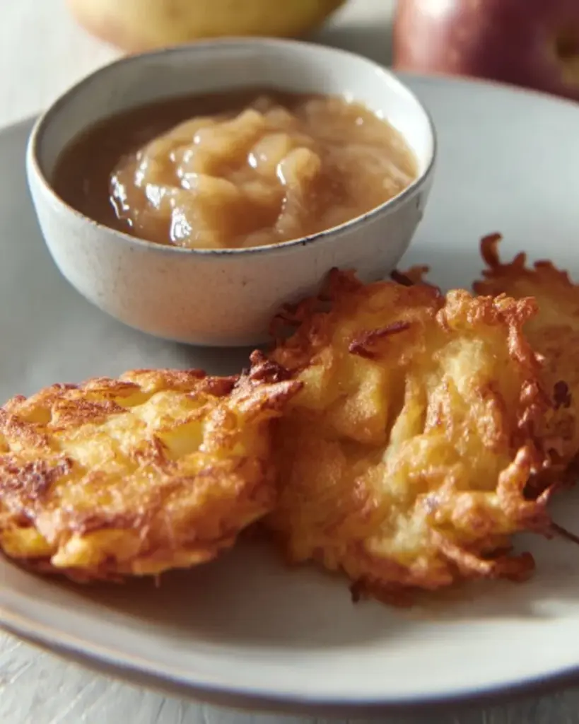 Oven-baked potato pancakes served with a side of sour cream and herbs.