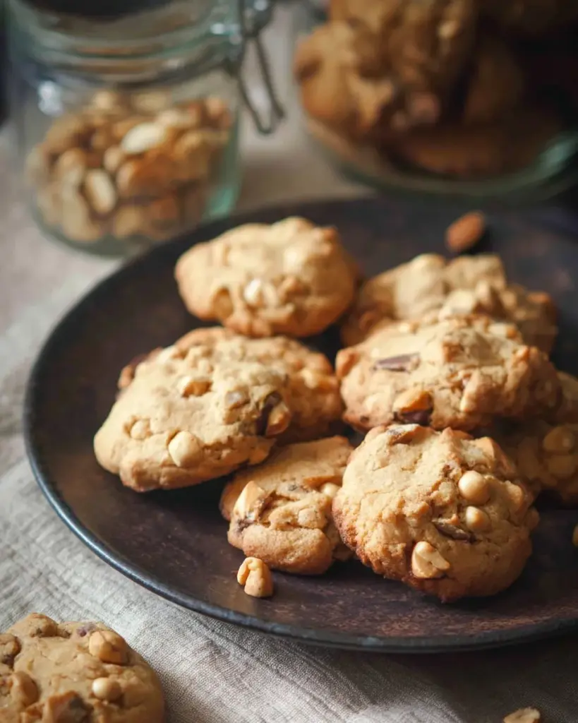 Homemade peanut butter cookies topped with whole peanuts on a baking tray
