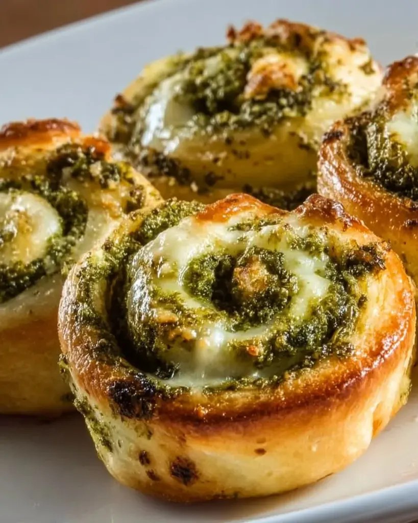 Pizzaschnecken mit Pesto und geschmolzenem Mozzarella auf einem Teller