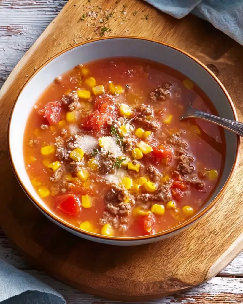 Schüssel mit köstlicher Pizzasuppe, kreativ und herzhaft zubereitet.