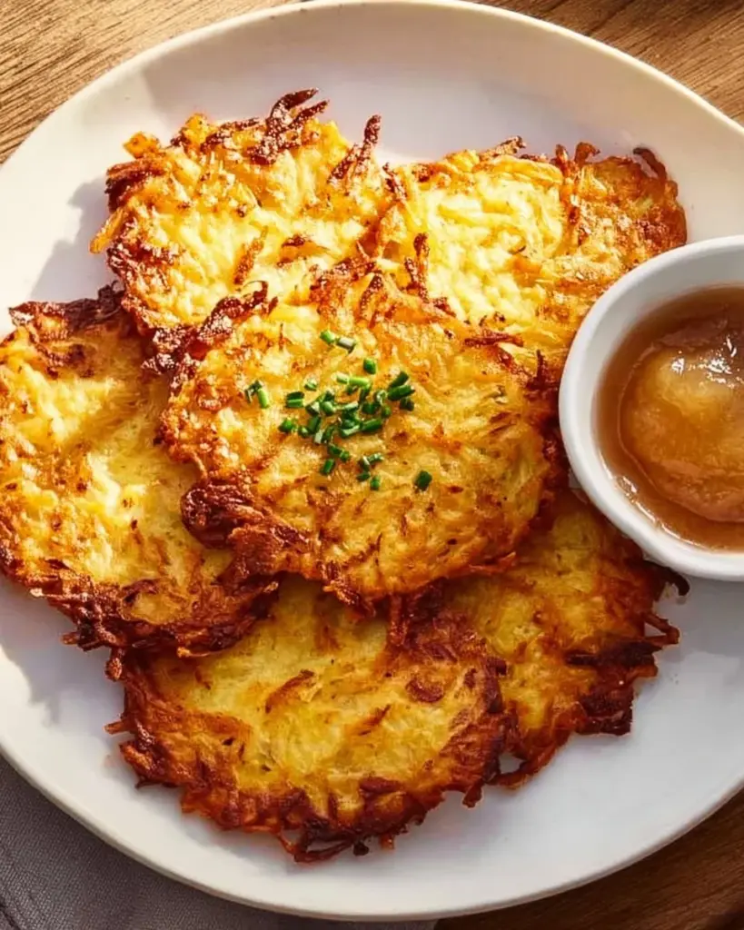 Golden brown potato pancakes served with sour cream and chives