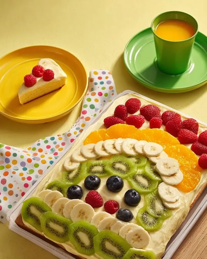 Regenbogen-Blechkuchen mit Obst in verschiedenen Farben und Formen