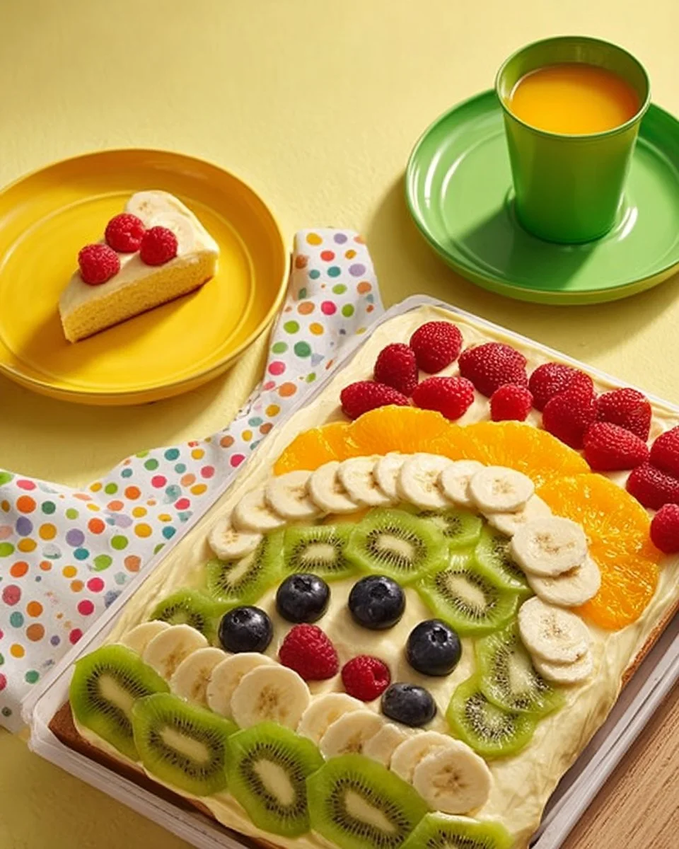 Regenbogen-Blechkuchen mit Obst in verschiedenen Farben und Formen