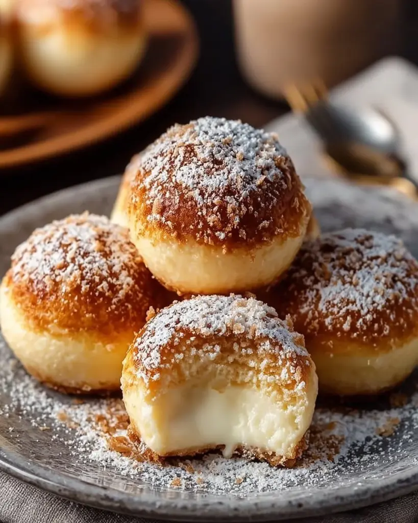 Schnelle und leckere Käsekuchen-Kugeln auf einem weißen Teller