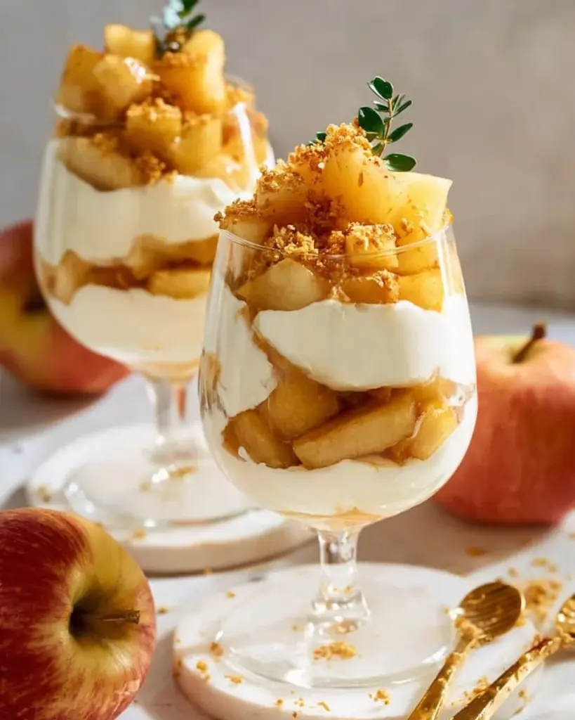 Schnelles Bratapfel-Dessert im Glas mit Äpfeln und Zimt.