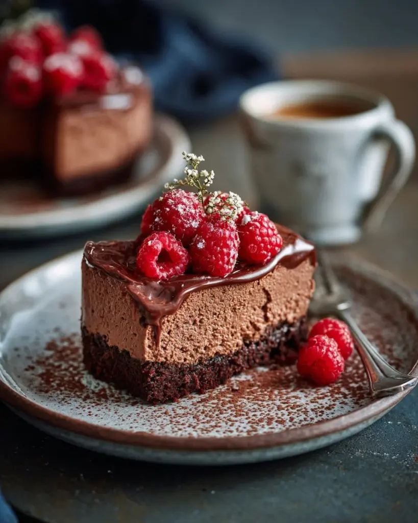 Schokoladen Himbeer Mousse Torte mit frischen Himbeeren und cremiger Schokolade