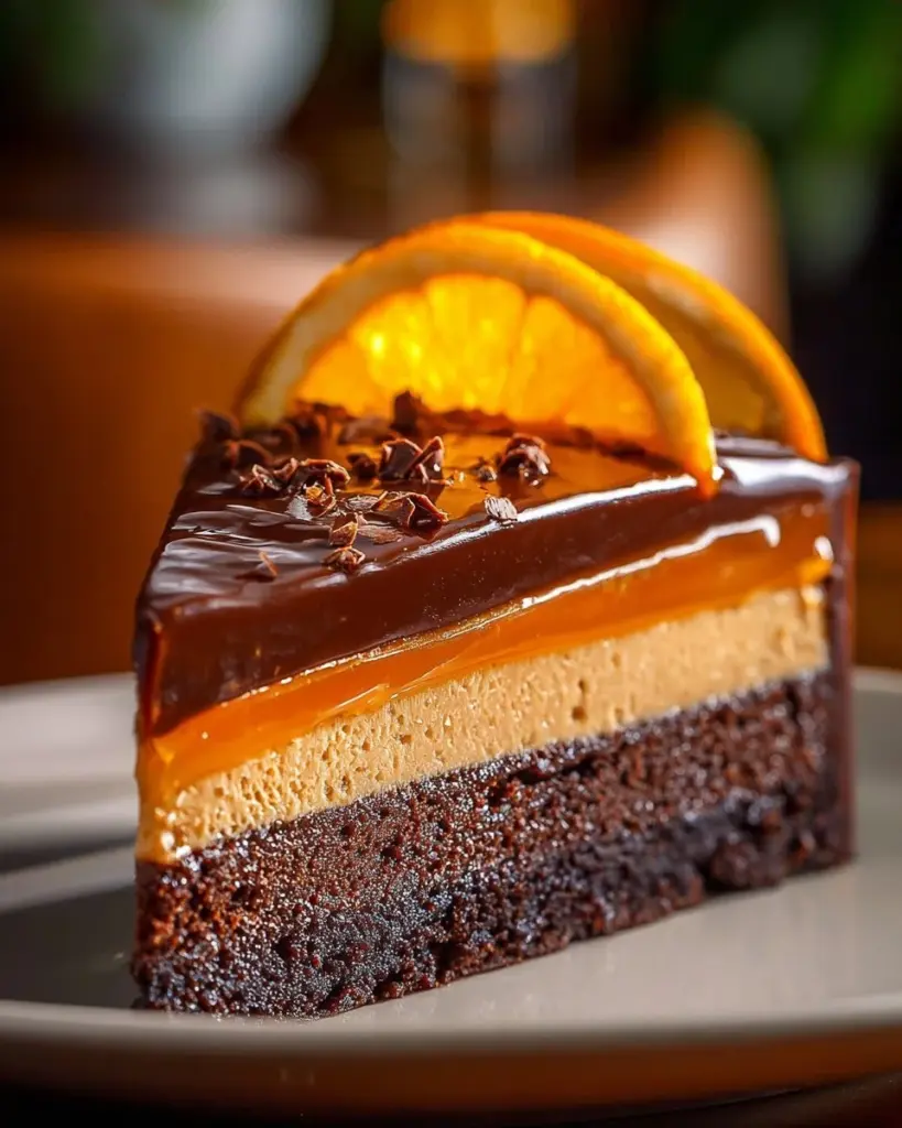 Schokoladen-Orange-Käsekuchen auf einem Teller serviert