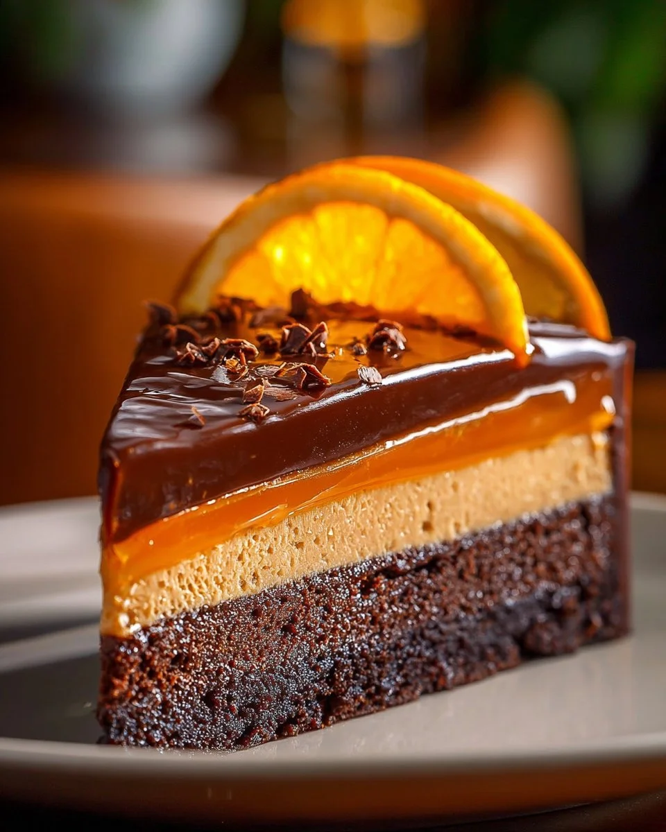 Schokoladen-Orange-Käsekuchen auf einem Teller serviert