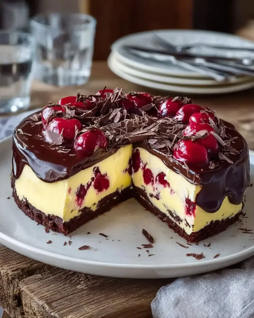 Schwarzwälder Käse Torte auf einem Teller dekoriert mit Schokolade und Kirschen