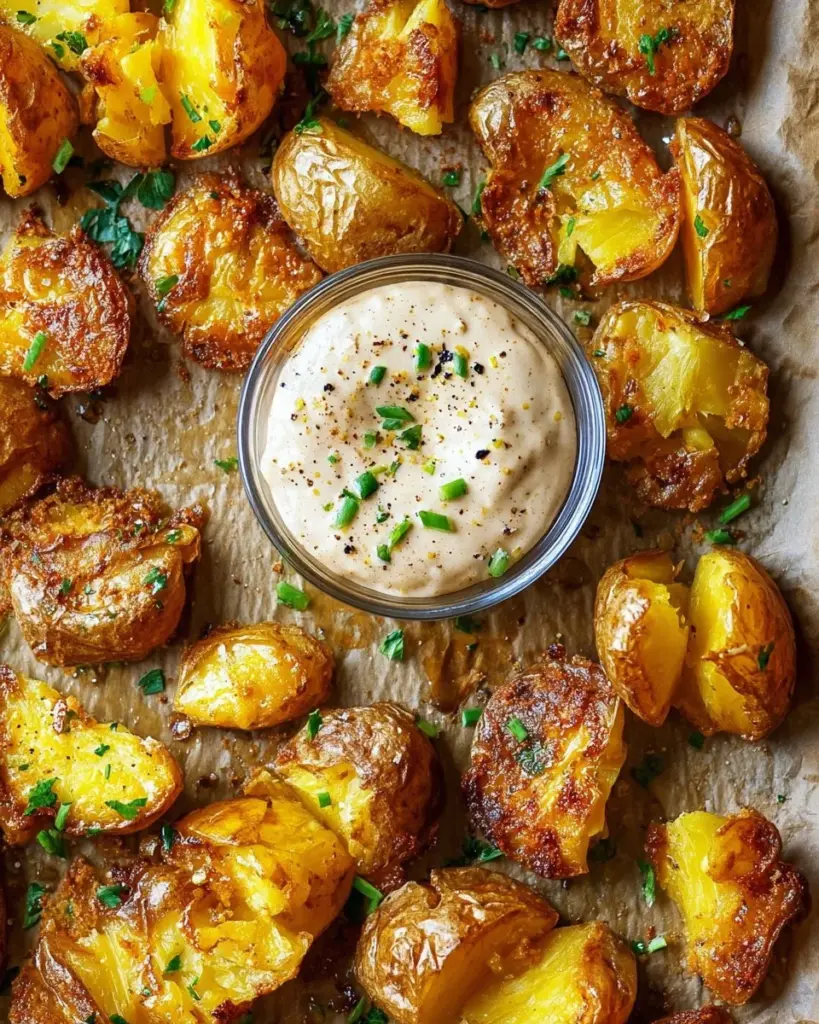 Smashed potatoes with a yogurt dip served on a plate.