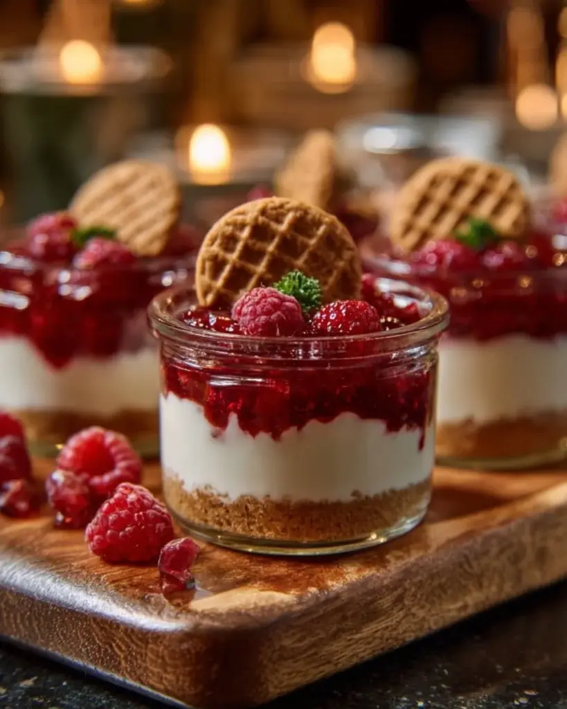 Spekulatius-Dessert mit Himbeeren auf einem Teller garniert mit frischen Beeren.