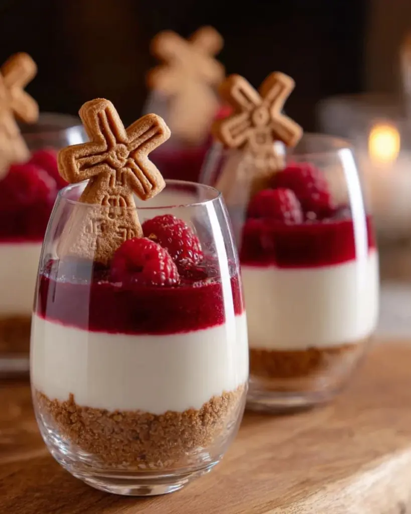 Leckeres Spekulatius-Dessert mit Himbeeren auf einem Teller serviert.