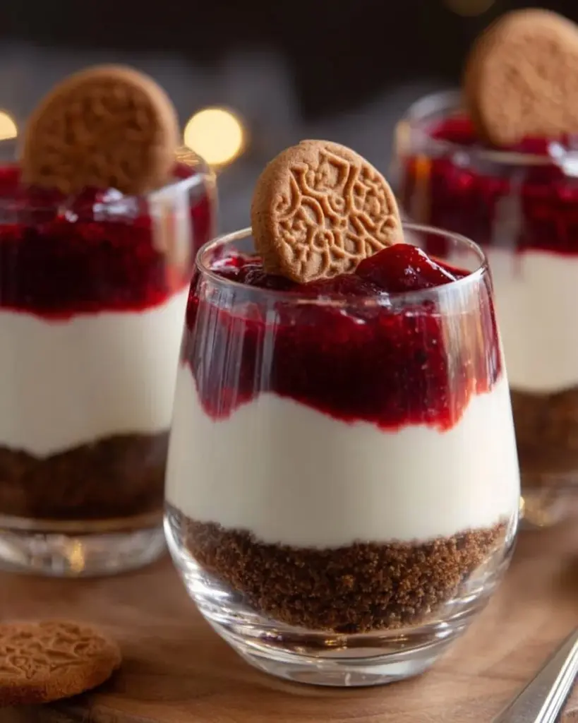 Spekulatius Dessert mit Himbeeren auf einem Teller serviert.