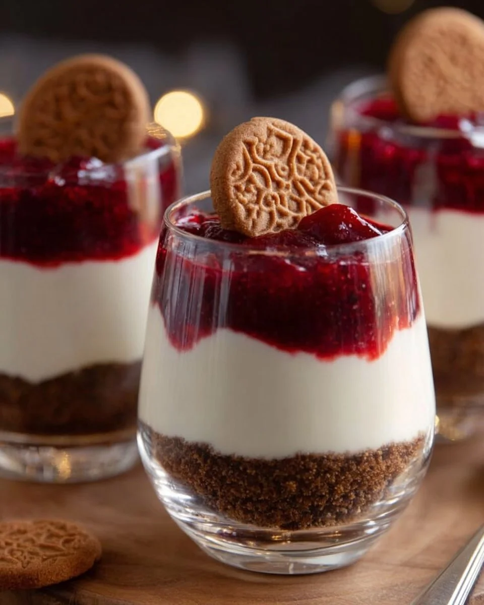 Spekulatius Dessert mit Himbeeren auf einem Teller serviert.