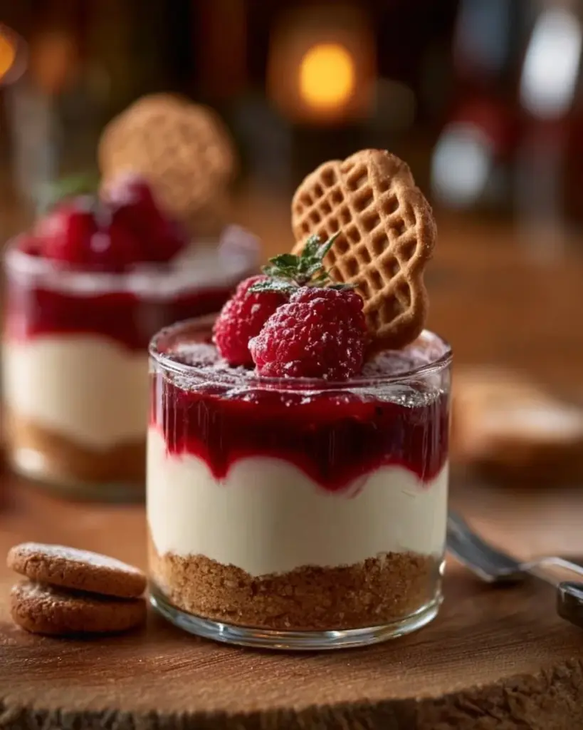Spekulatius Dessert mit Himbeeren, serviert in einer eleganten Schale