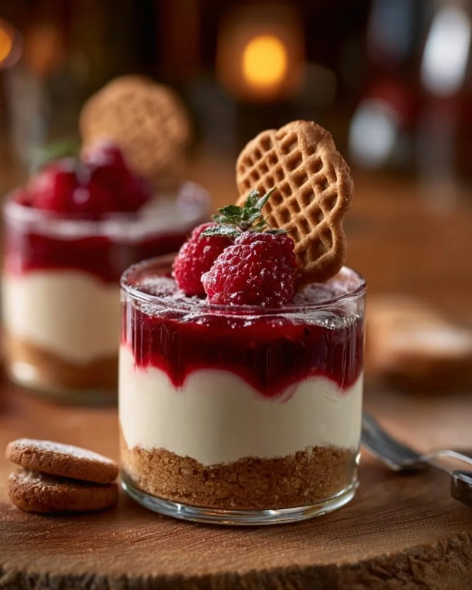 Spekulatius Dessert mit Himbeeren, serviert in einer eleganten Schale