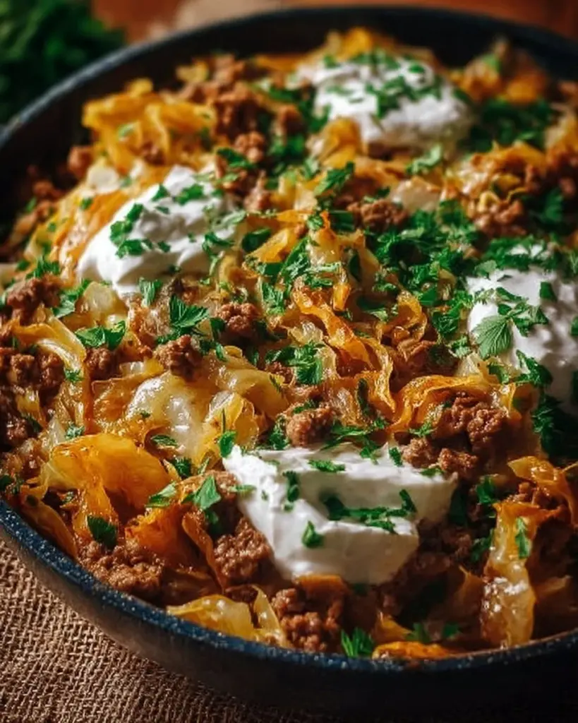 Spitzkohl-Hackfleisch-Pfanne auf einem Teller, serviert mit frischen Kräutern