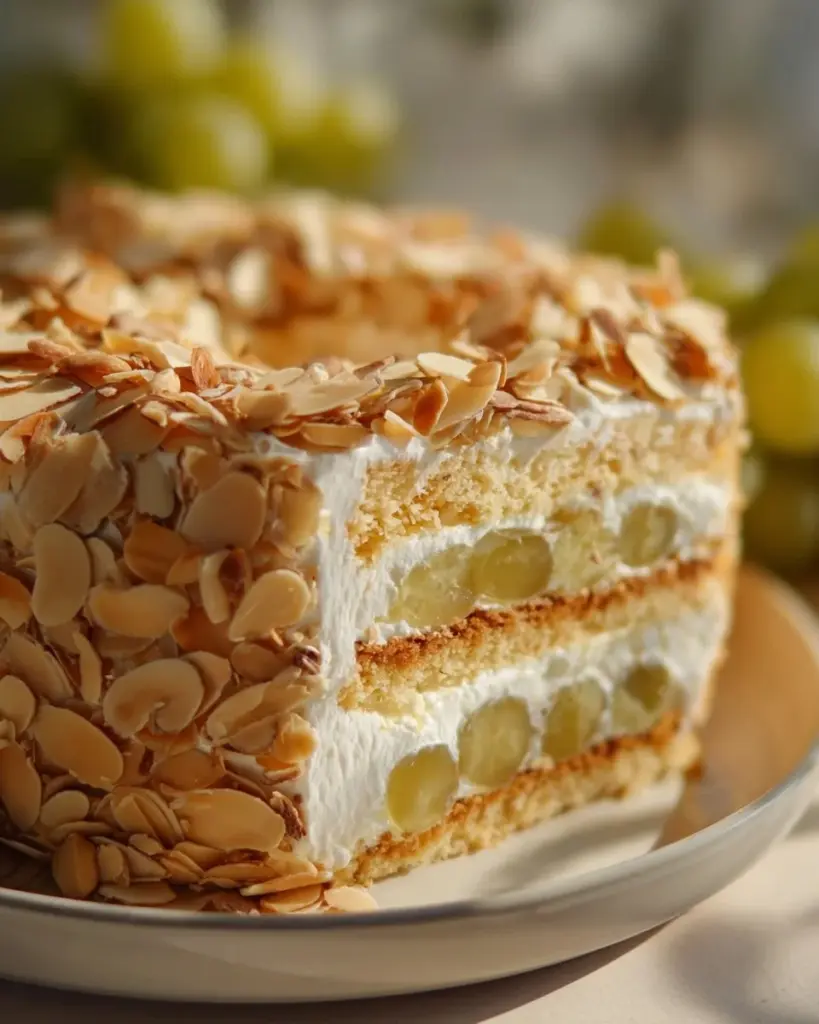 Stachelbeer-Baiser-Torte mit frischen Stachelbeeren und Baisers garniert.