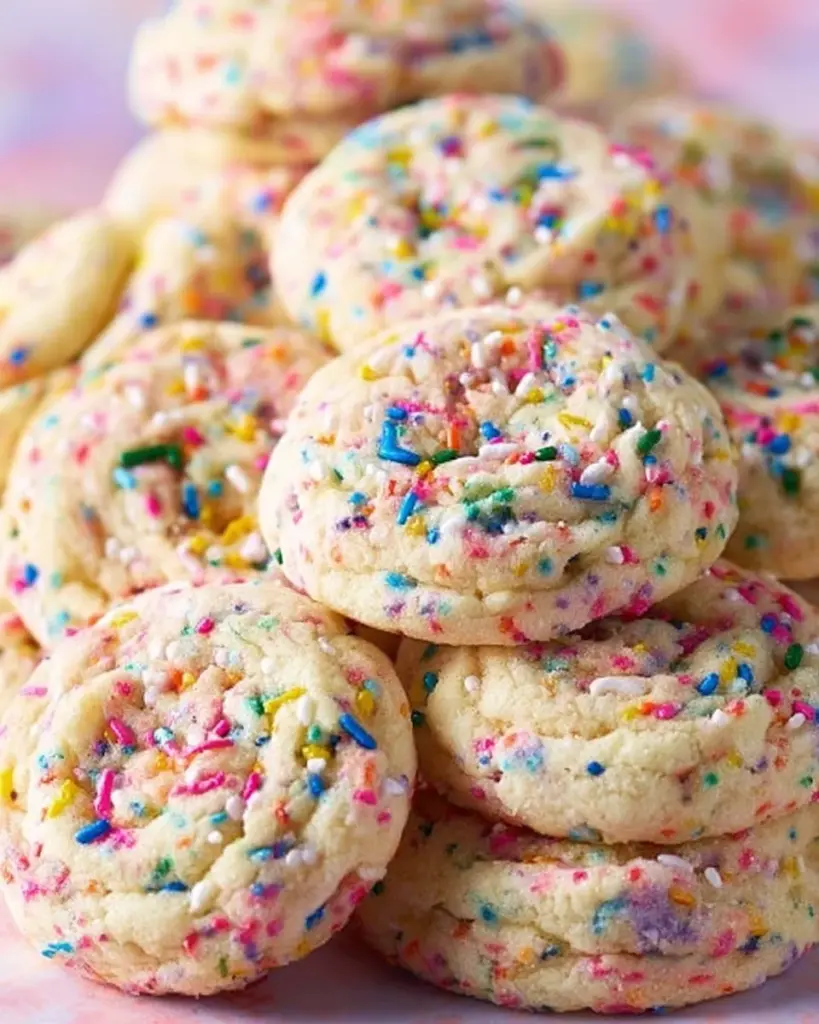 Super soft sprinkle pudding cookies with colorful sprinkles on top.