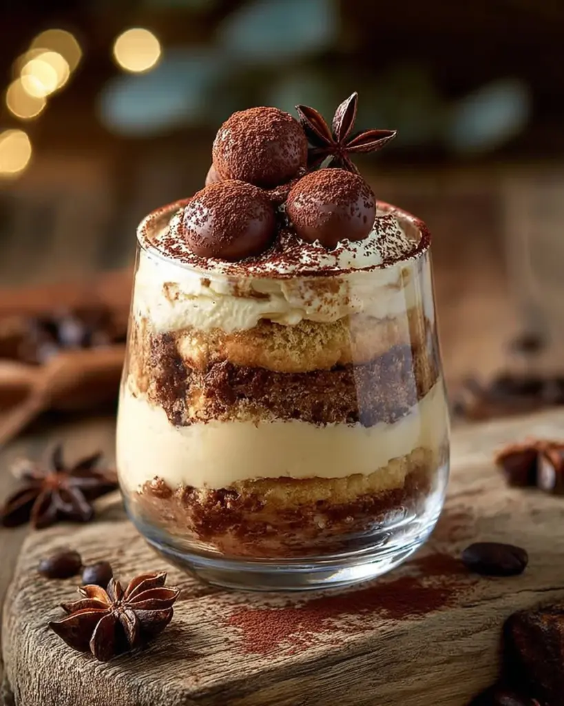 Tiramisu im Glas mit Schichten aus Kaffee, Mascarpone und Kakao.
