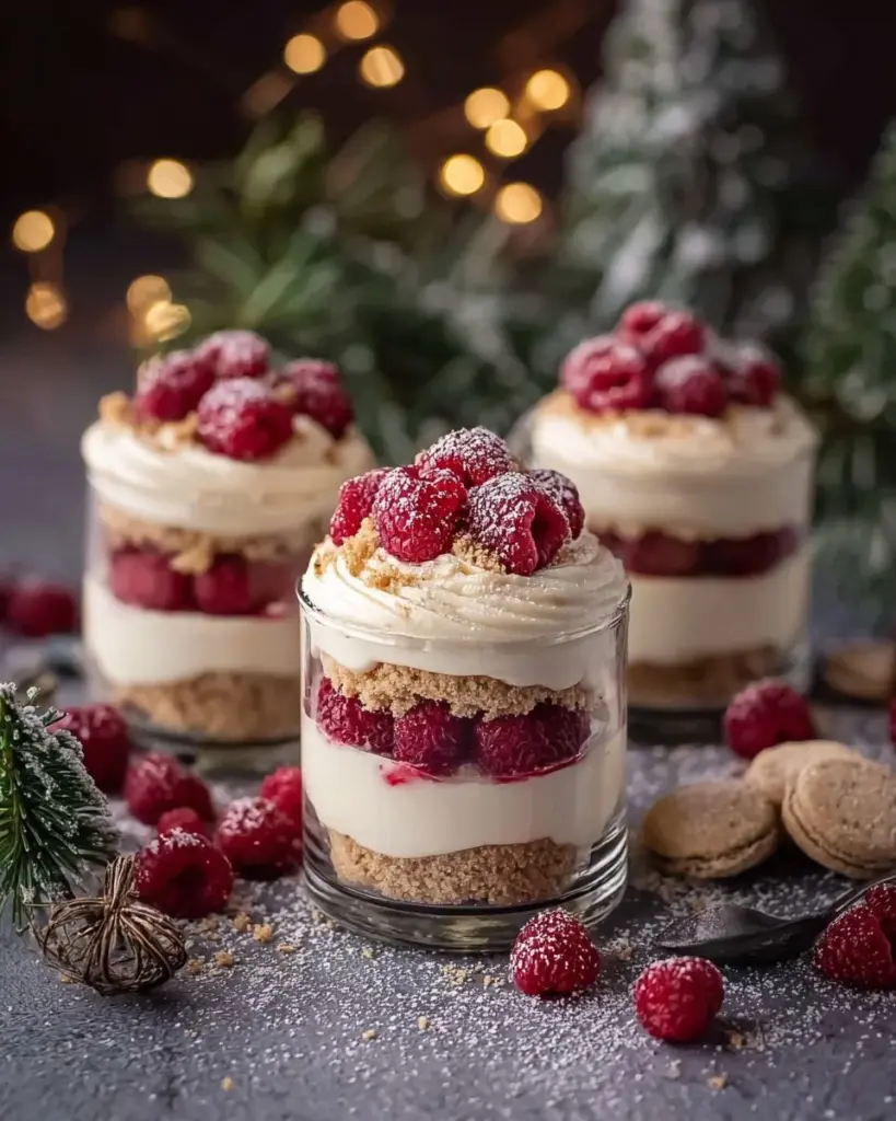 Vanillekipferl-Dessertschicht mit frischen Himbeeren in einem eleganten Glas serviert.